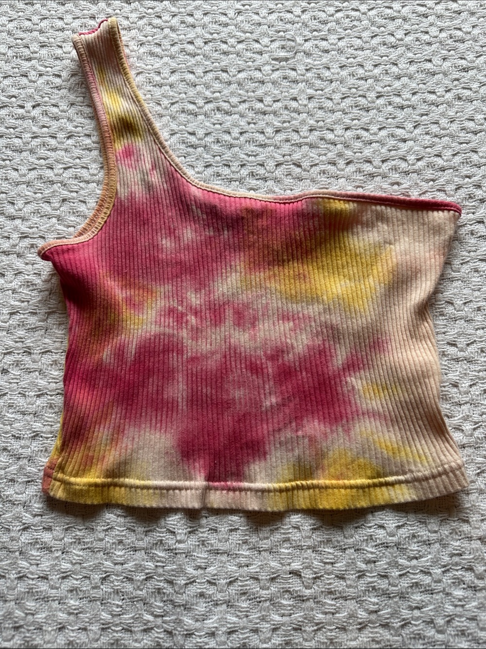 SHEIN Pink & Yellow Tie-Dye One-Shoulder Ribbed Crop